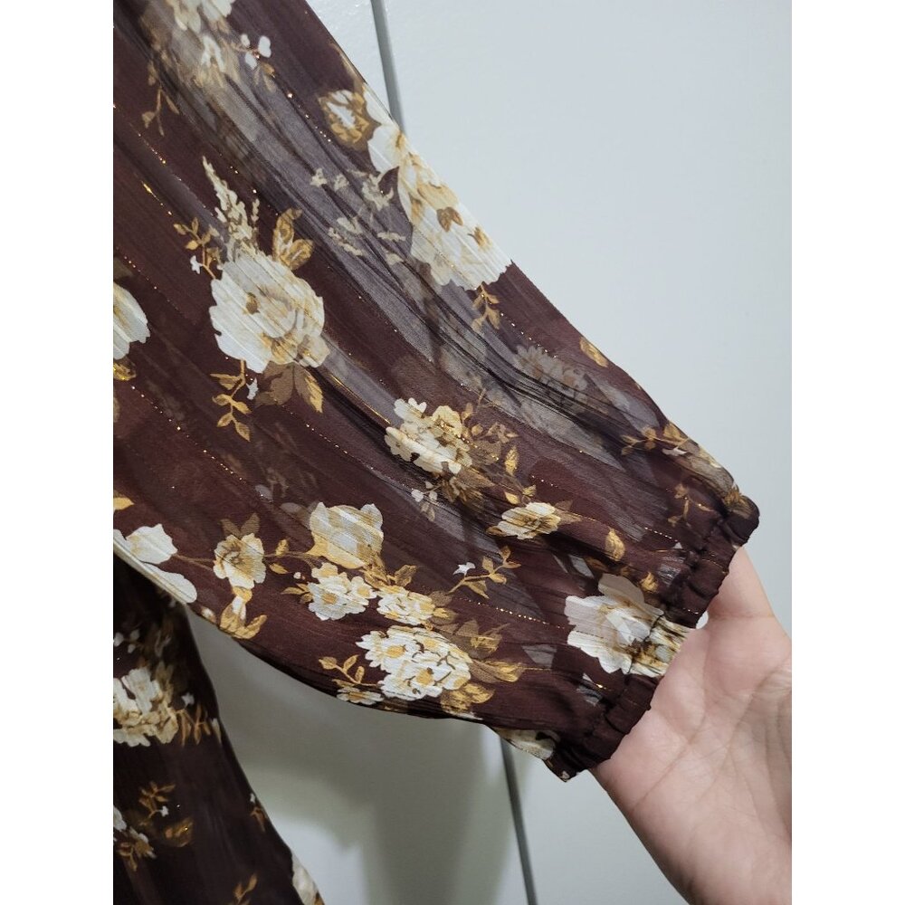 Sabrina Lauren XL Brown Gold Floral Ruffle Boho Festival Top Fairy Whimsy Sheer - Picture 4 of 9